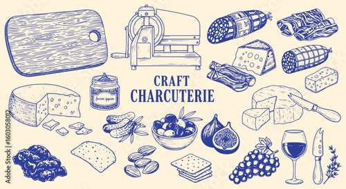 Vintage charcuterie board illustration set in a blue engraving style. Hand-drawn craft meat, cheese, wine, and fruit for gourmet restaurant menus, deli branding, and party food designs.