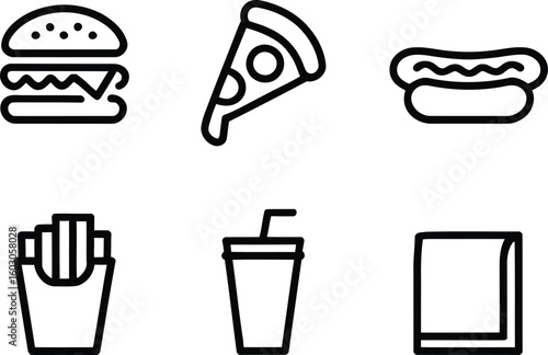 Simple Line Art Icons Representing Fast Food Favorites