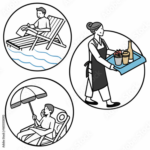 Resort service icons poolside relaxation and beverage delivery