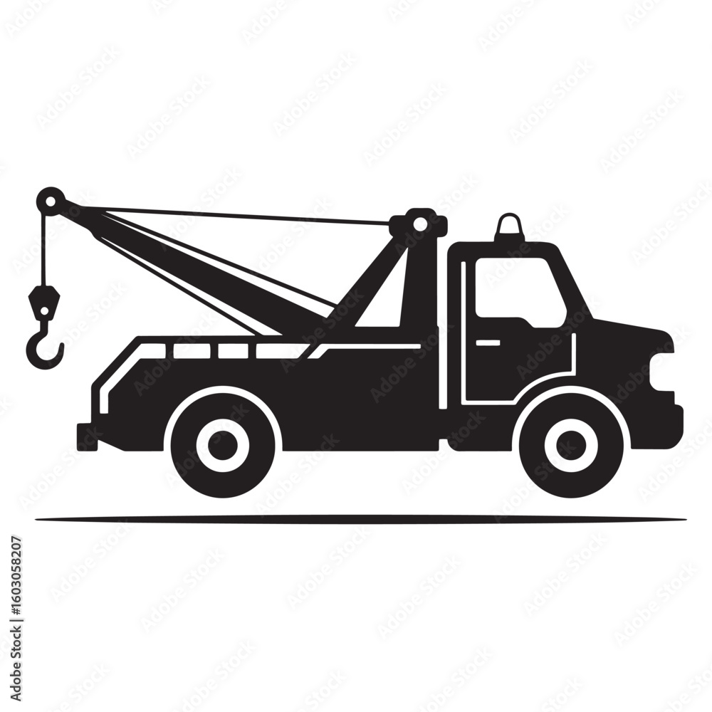 Naklejka premium A classic black and white tow truck illustration suitable for transportation safety and vehicle recovery or assistance services vintage art.