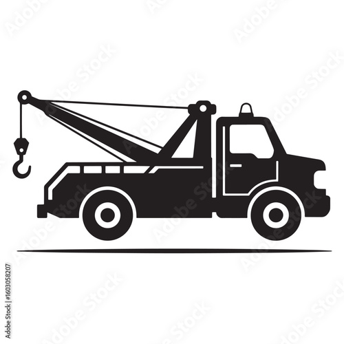 A classic black and white tow truck illustration suitable for transportation safety and vehicle recovery or assistance services vintage art.