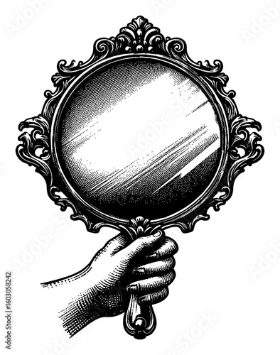 Ornate Antique Hand Mirror Held by Hand in Classic Vintage Black and White Outline Line Art Drawing