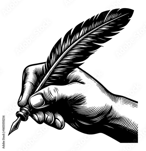 Hand holding quill feather pen vintage Black and White Outline Line Art Drawing for writing and history