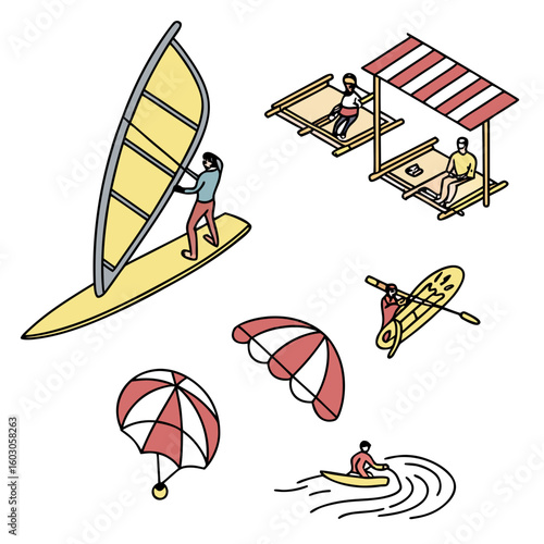 Beach recreation activities with water sports and relaxation