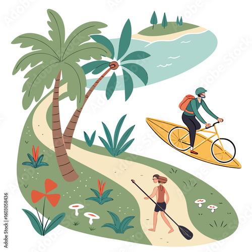People cycling and paddleboarding by palm trees and water