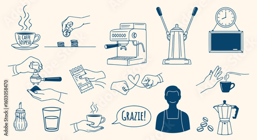 Italian coffee culture illustration set with barista, espresso machine, and moka pot. Line art icons for café menus, branding, and explaining the caffè sospeso tradition of kindness and charity.