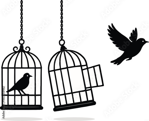 Bird escaping a cage vector silhouette, a concept of freedom, liberation, and new life.