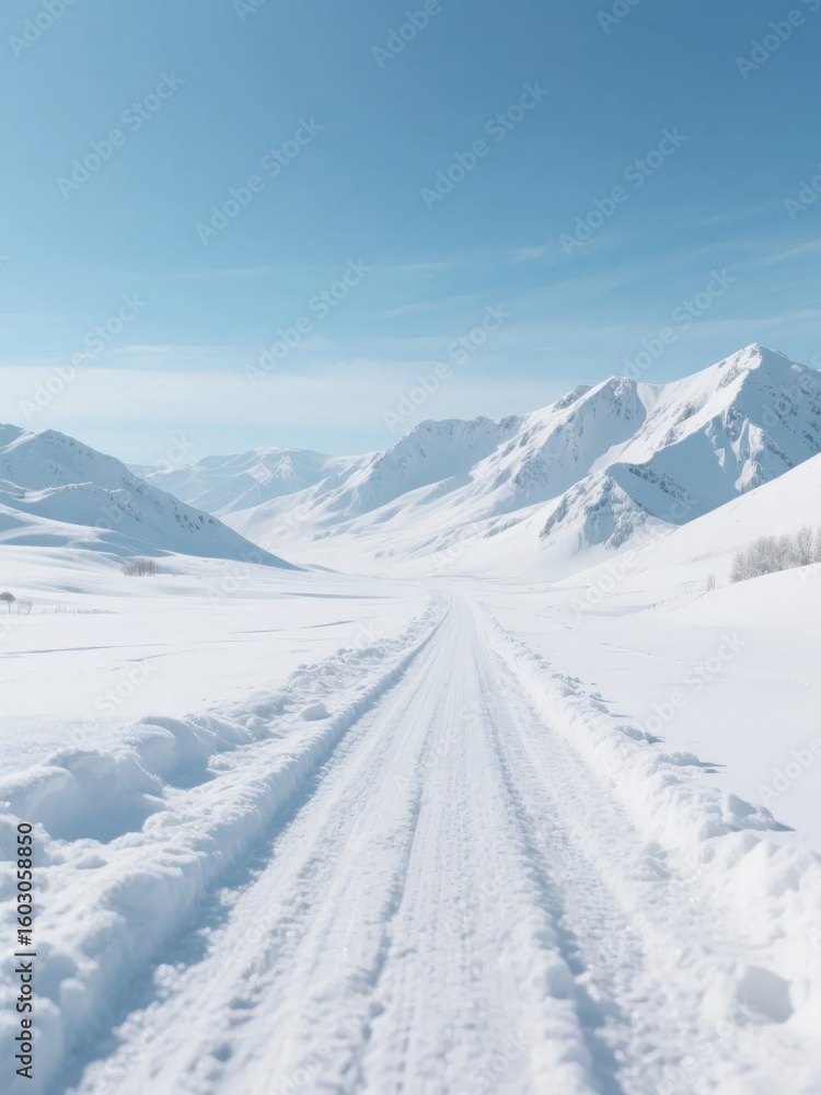 Obraz premium Snowy Mountain Road with Clear Blue Sky