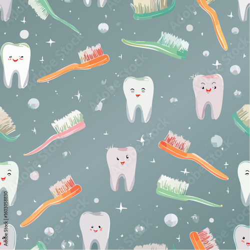 Seamless pattern of cute cartoon teeth with smiling faces and colorful toothbrushes, symbolizing dental hygiene.