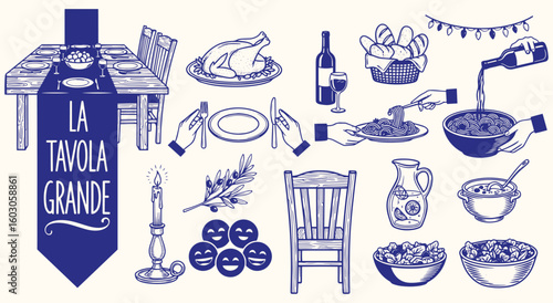Italian dinner party illustration set with family table, pasta, and wine. Hand drawn feast elements in a vintage line art style for restaurant menus, event invitations, and celebration graphics.