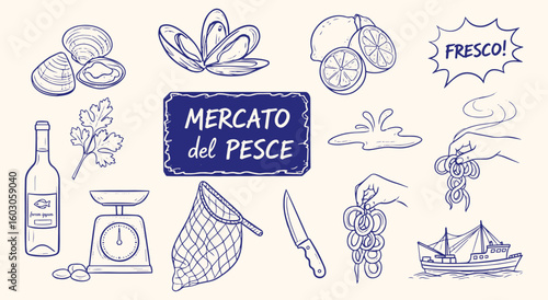 Italian fish market illustration set with fresh seafood, boat, and market elements. Hand-drawn line art icons for restaurant menus, fishery branding, and Mediterranean food designs.