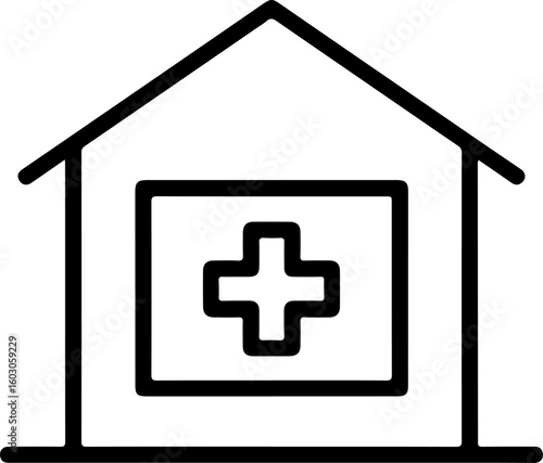 Simple line art icon of a hospital building with a medical cross