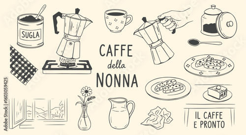 Cozy Italian 'Grandma's Coffee' illustration set with moka pot, biscotti, and kitchen elements. Hand-drawn vintage graphics for nostalgic food blogs, cafe menus, and comforting designs.
