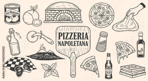 Vintage Neapolitan pizzeria illustration set with wood-fired oven, pizza, and Italian ingredients. Engraving style graphics for authentic restaurant branding, menus, and food packaging.