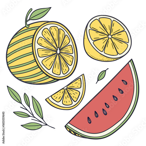 Citrus and watermelon slices with leaves lemon orange
