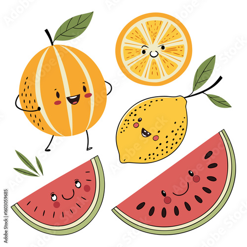 Happy orange lemon and watermelon slices fruit