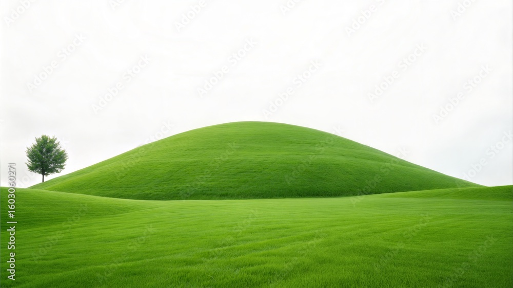 Obraz premium Rolling Green Hillside with a Solitary Tree Against a Bright Sky