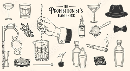 Prohibition era speakeasy and cocktail illustration set in a vintage engraving style. Retro bartender tools, drinks, and 1920s elements for bar menus, invitations, and mixology branding.