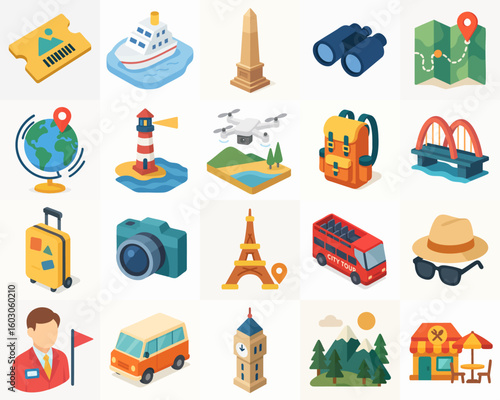 Isometric Vivid Vacation Tourist Object Collection Design Elements Illustration
