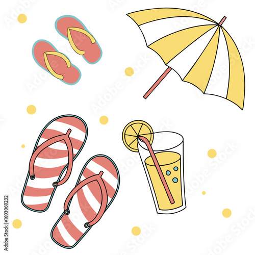 Beach flip flops umbrella drink summer vector