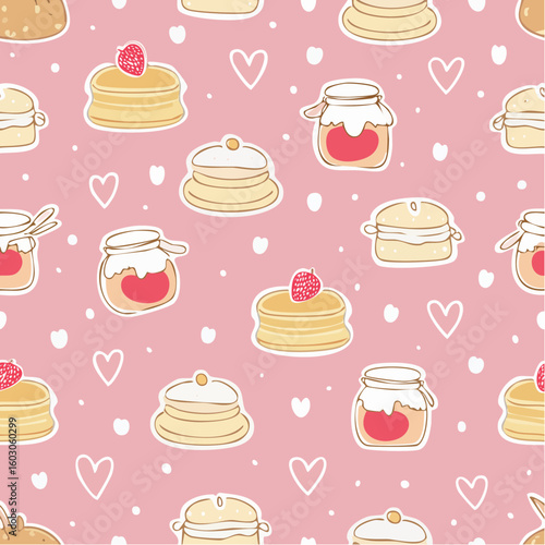 A cute seamless pattern featuring cartoon pancakes with strawberries and jam jars on a pink background with white hearts and dots.