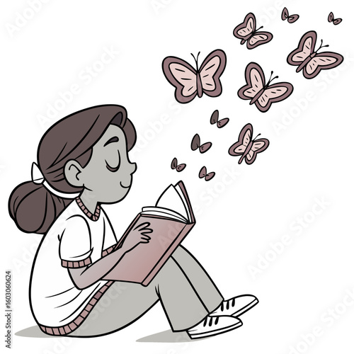 A girl sits immersed in a book, enveloped by a vibrant flurry of butterflies that dance around her, creating a magical moment that sparks imagination and wonder.