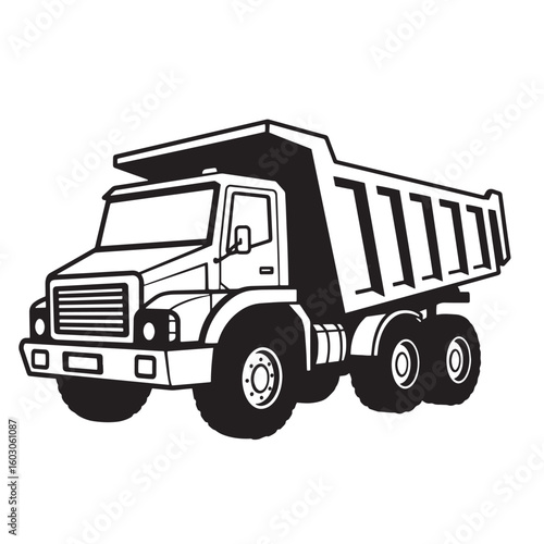 Black and white illustration of a heavy duty dump truck in a vintage art style suitable for construction and transportation projects