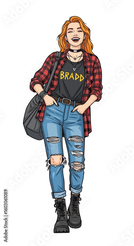 Stylish woman illustration showcasing casual outfit. Casual outfit fashion includes ripped jeans, boots, and a flannel shirt, capturing a trendy aesthetic.