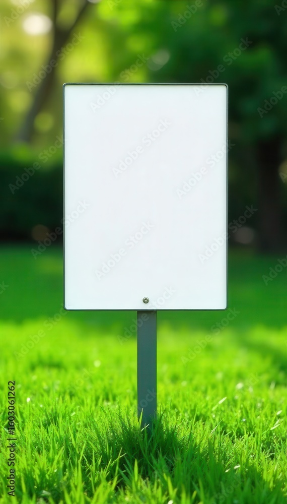 Crisp white sign contrasts vibrant green grass, yard, bright Crisp white sign contrasts vibrant green grass, yard, bright