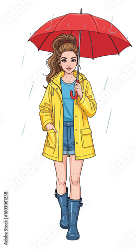 Girl in raincoat under red umbrella, a charming depiction of rainy day walk, featuring young woman strolling during light rainfall. This rainy day stroll presents cheerful mood despite weather,