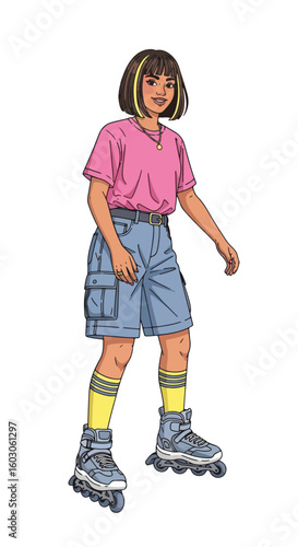 Roller skating girl illustration on clean white background, she enjoys the thrill, as roller skating girl rides, wearing eighties attire. Fun roller skating girl image ideal for promotional content,