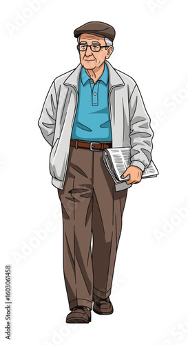 Man portrait featuring an elderly man in casual attire holding a newspaper, capturing daily life. Elderly man with a newspaper in hand, illustrating daily life with an easygoing style.