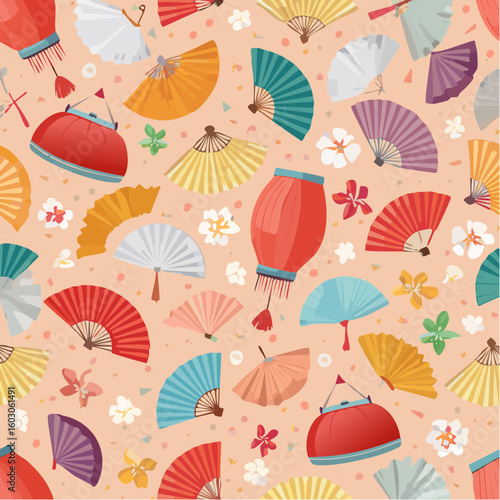 Colorful, patterned illustration featuring various hand fans, lanterns, and floral elements, creating a festive design.