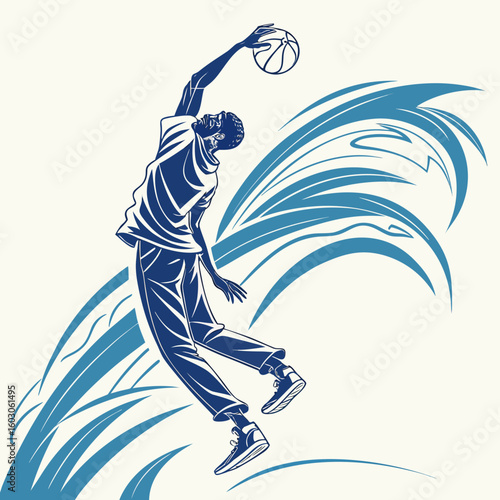 Athletic man dunking basketball with blue abstract waves