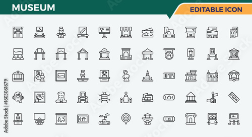 Museum linear icon set. Antique icon set. Minimal linear icons. Contain linear sign culture, history, antique, exhibition, artist, art and more. Vector artwork and illustration.