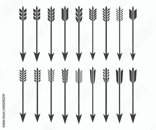 Collection of diverse arrow designs in silhouette