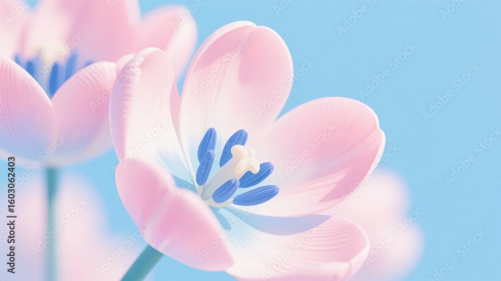 Fototapeta premium Delicate Pink Tulip with Blue Center Against a Soft Blue Sky