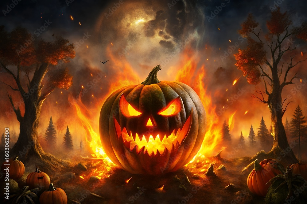 Naklejka premium Fiery jack o lantern grins menacingly amidst a spooky autumn forest scene
