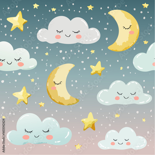 A cute pattern of sleeping clouds and smiling crescent moons among stars in a dreamy night sky.