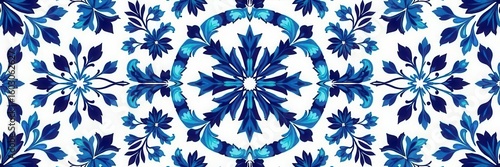 Symmetrical blue and white floral Islamic pattern, elegant, repeat