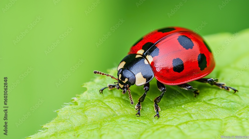 Naklejka premium Macro photography of a ladybug on a green leaf, vibrant red, black spots
