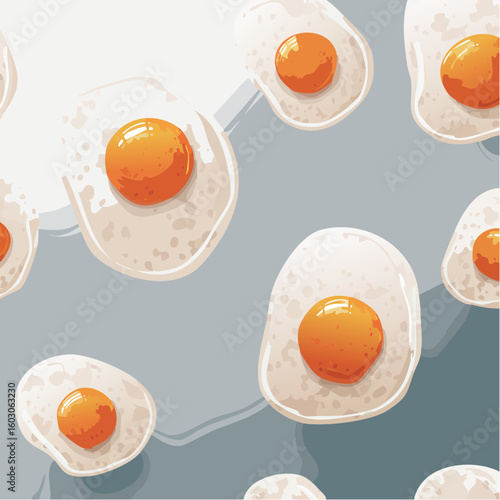 A seamless pattern of stylized fried eggs with vibrant orange yolks scattered on a light blue background.