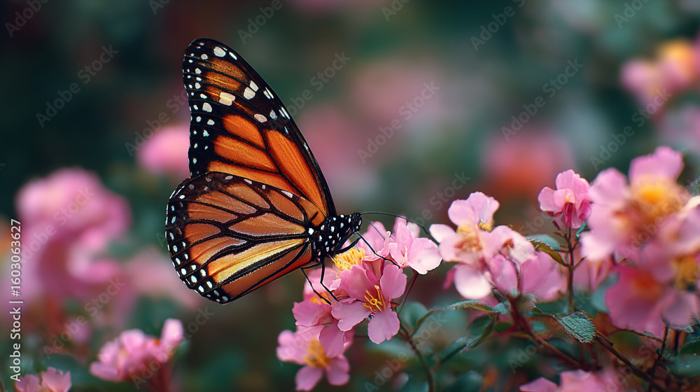 Fototapeta premium Monarch Butterfly On Pink Flower Blossom In Spring Garden Nature Close Up