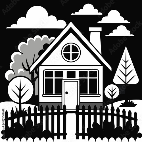 Black and white illustration of a house in a suburban landscape.
