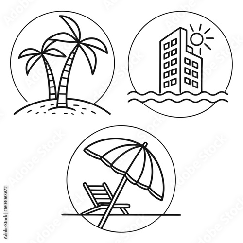 Tropical resort icons with beach and city elements
