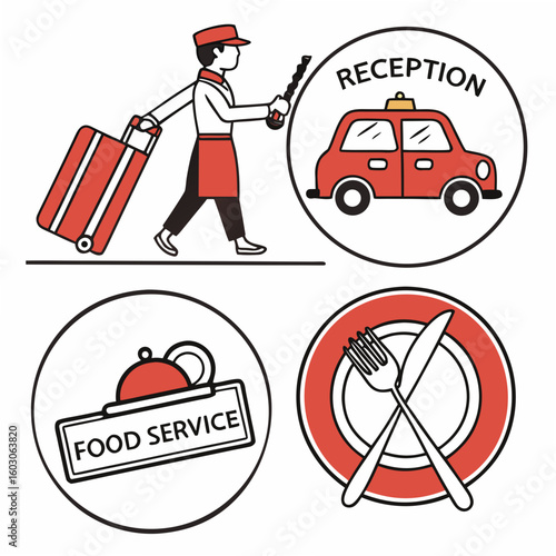 Resort service icons bellhop car food dining luggage