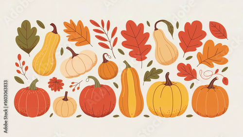 A vibrant collection of assorted pumpkins and autumn leaves arranged in a decorative pattern for seasonal harvest celebrations