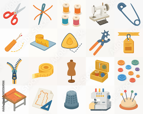 Flat Style Detailed Sewing Tools and Equipment Icon Set Illustration