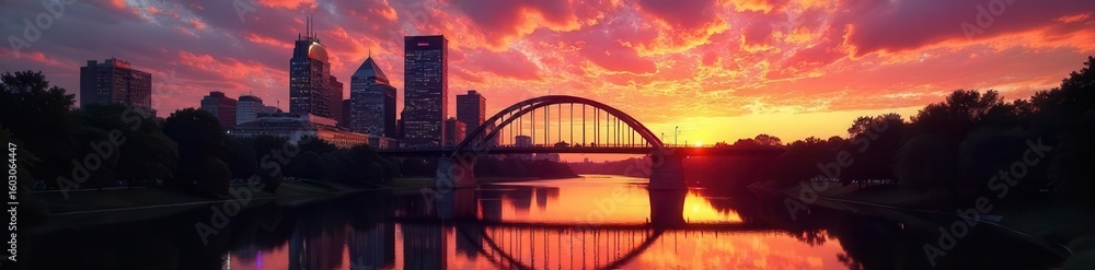 Naklejka premium Minneapolis Stone Arch Bridge sunset silhouette, twilight hues, scenic, Stone Arch Bridge