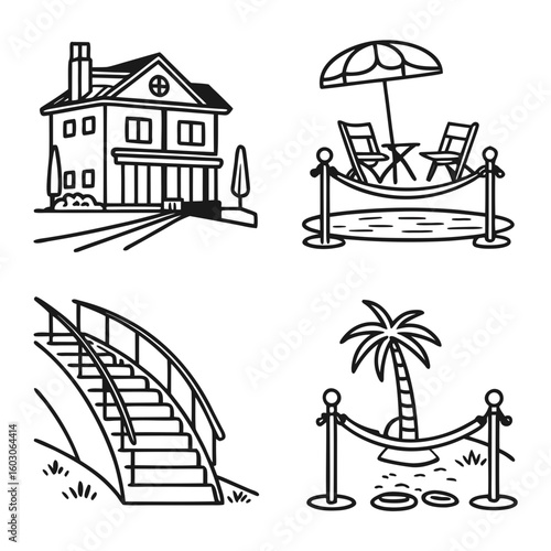 Resort amenities house pool palm tree bridge vector